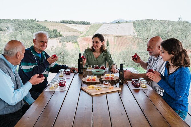 Olive Oil Tour & Tasting with sommelier -Kalentzi, Athens daytrip - Tasting time with views over Mt. Fokas and grapes