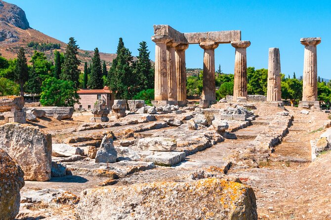 Private Luxury Biblical Tour: Apostle Paul’s Footsteps – Corinth - Temple of Apollo and the Bema with mosaics: seeing pagan Rome in the same frame as Paul